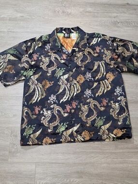 Vintage Y2K Street Culture Mens Sz L Dragon Oriental Brocade Button Up Shirt